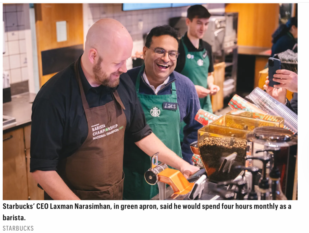 starbucks CEO laxman working barista shifts in starbucks stores