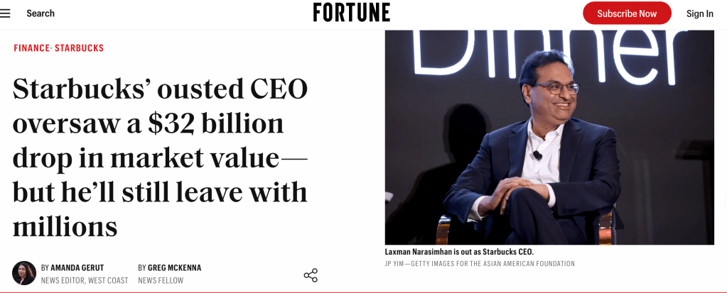 Starbucks ousted CEO Laxman after a $32 bilion drop in market value