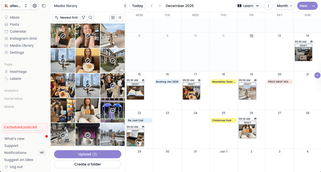 View of Pallyy Social Media Scheduling Calendar with Draft Posts