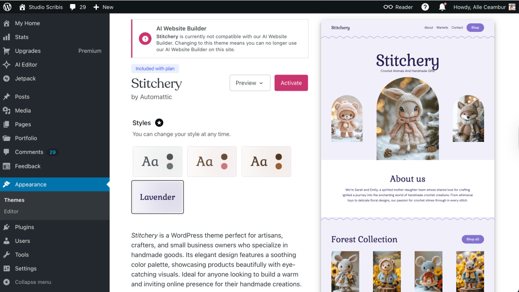 WordPress blog dashboard with theme example