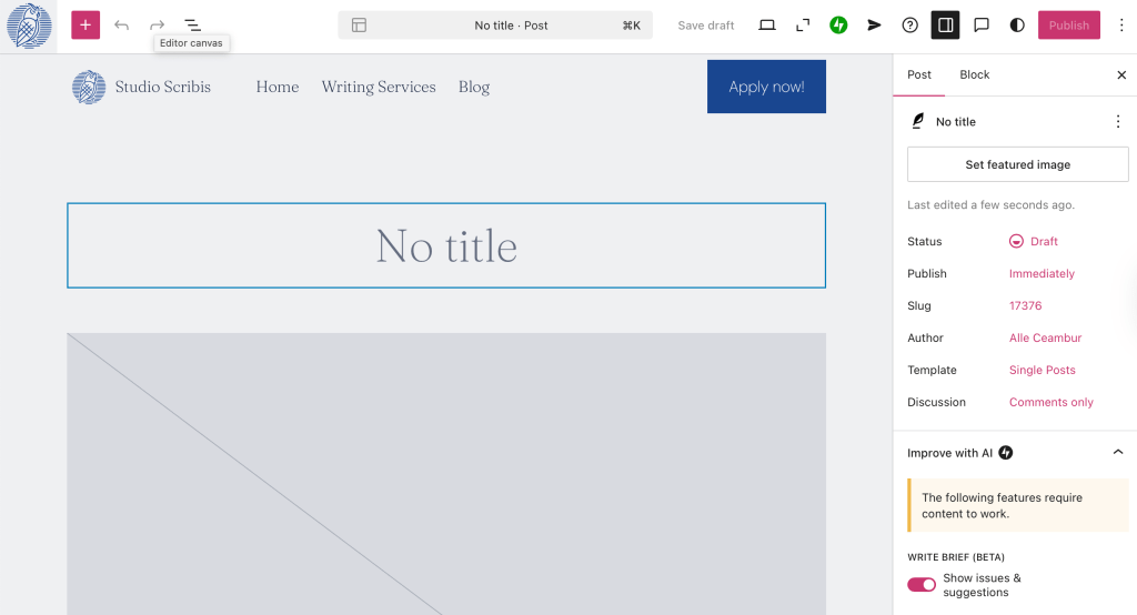 Screenshot of new post editor in wordpress.com