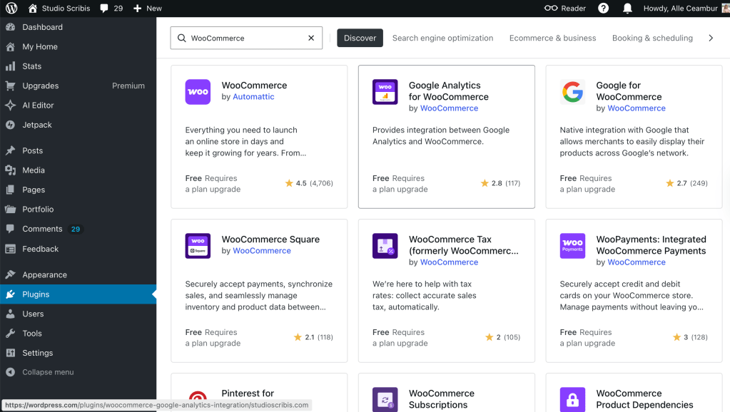 searching for woocommerce plugin on wordpress
